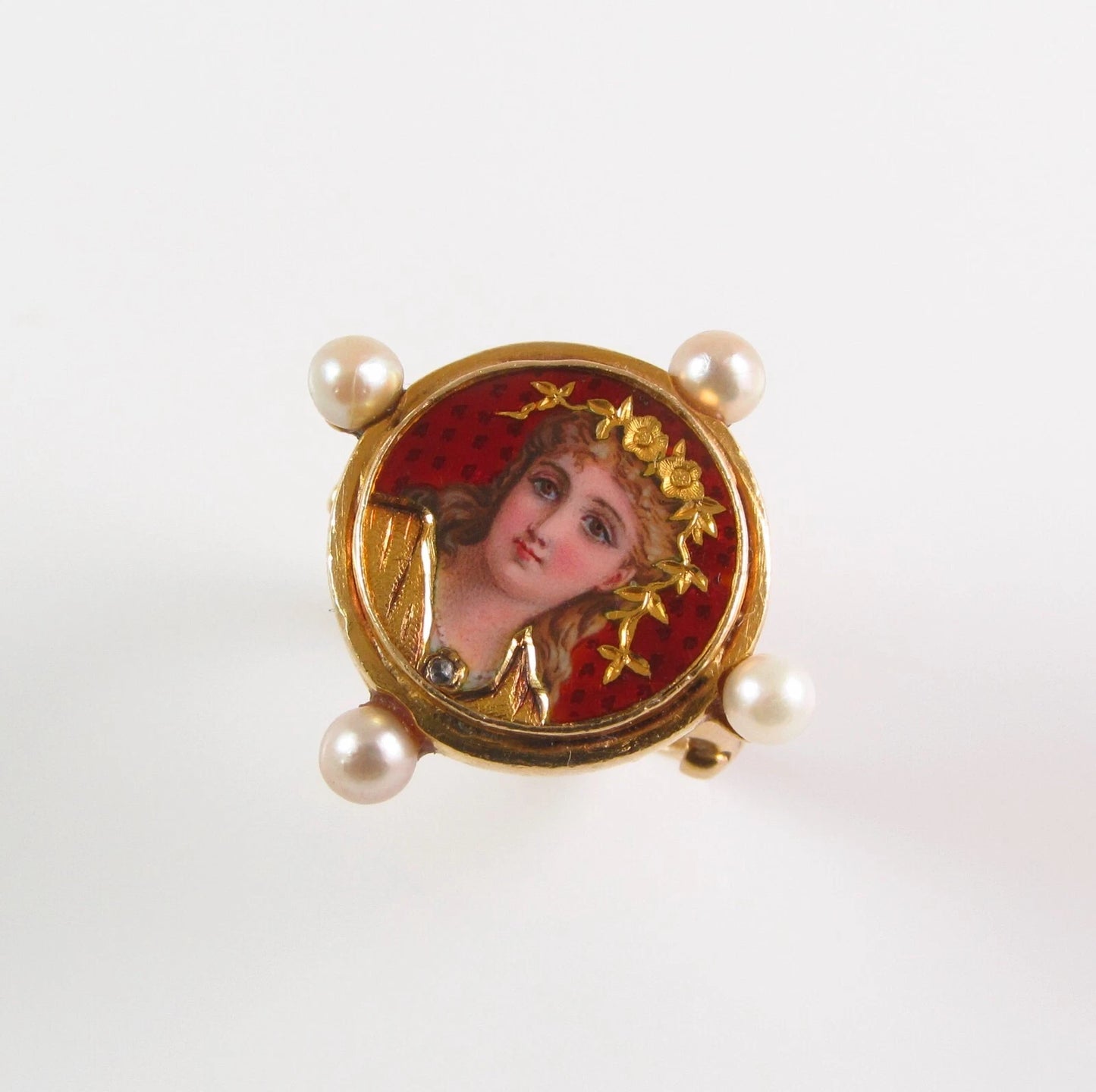 Antique 14K Gold French Enamel Rose Cut Diamond Pearl Lady Goddess Portrait Ring