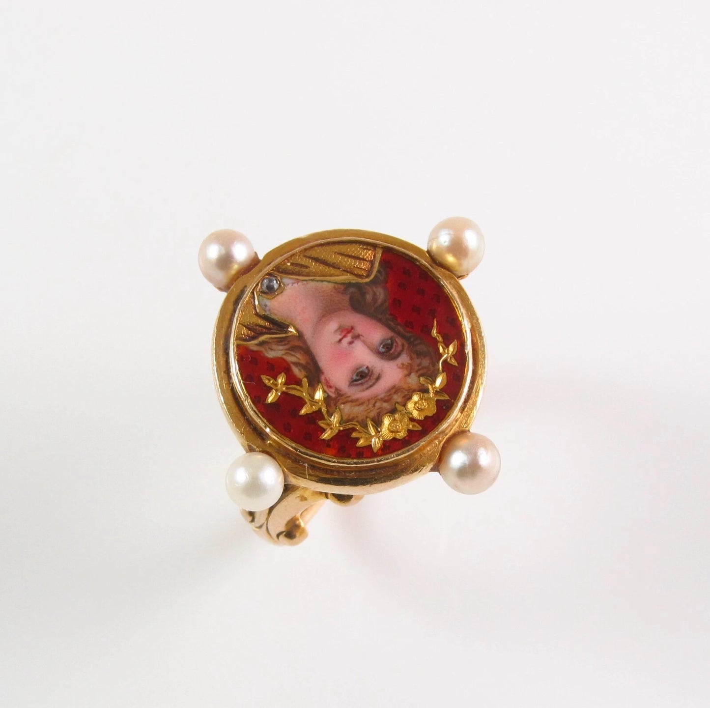 Antique 14K Gold French Enamel Rose Cut Diamond Pearl Lady Goddess Portrait Ring