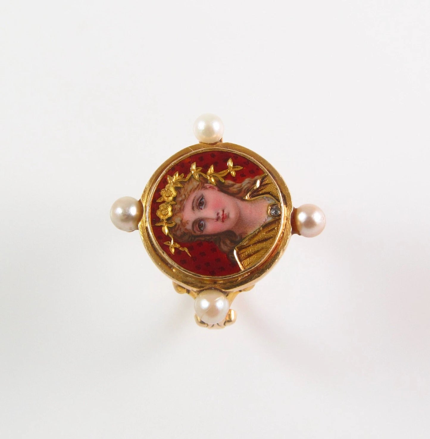 Antique 14K Gold French Enamel Rose Cut Diamond Pearl Lady Goddess Portrait Ring