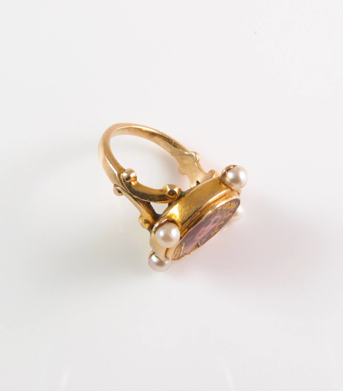 Antique 14K Gold French Enamel Rose Cut Diamond Pearl Lady Goddess Portrait Ring