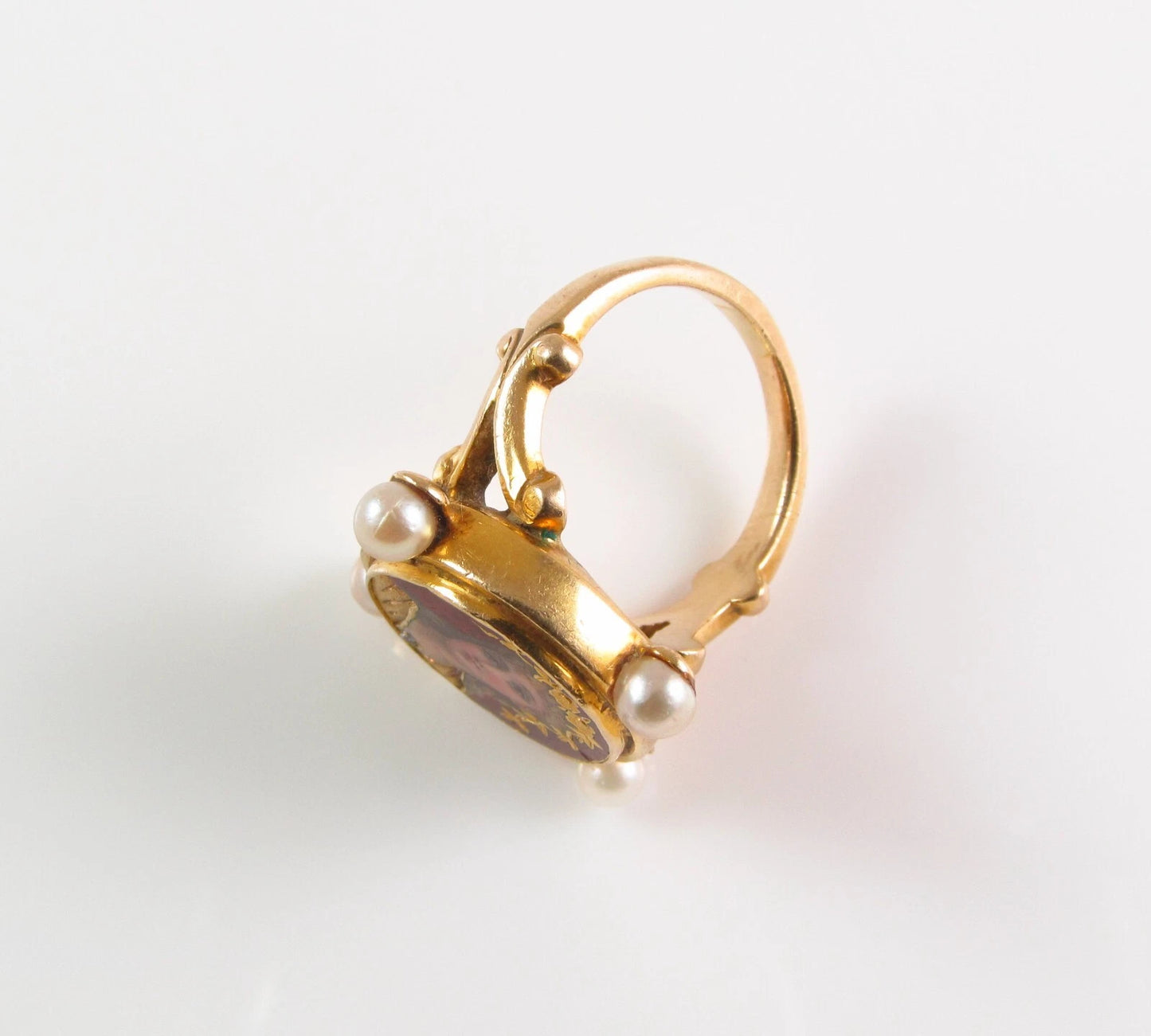Antique 14K Gold French Enamel Rose Cut Diamond Pearl Lady Goddess Portrait Ring