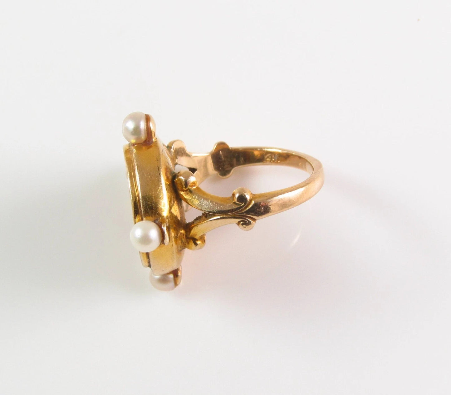 Antique 14K Gold French Enamel Rose Cut Diamond Pearl Lady Goddess Portrait Ring