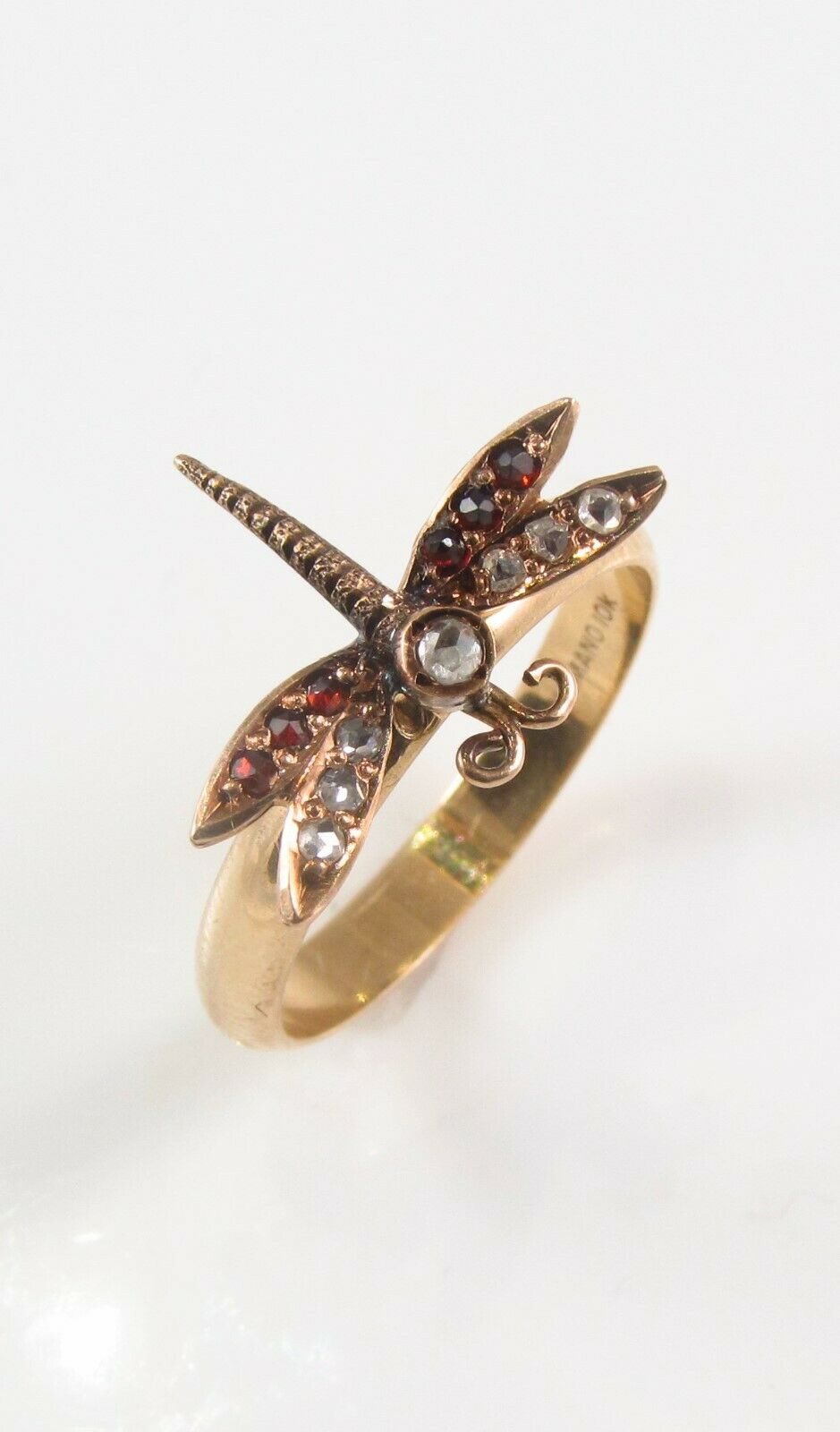 10k Gold Victorian Dragonfly Diamond & Garnet Insect Conversion Ring Size 6.25