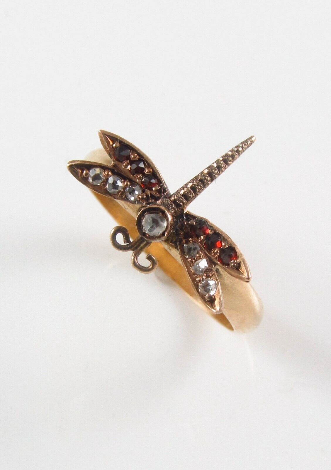 10k Gold Victorian Dragonfly Diamond & Garnet Insect Conversion Ring Size 6.25