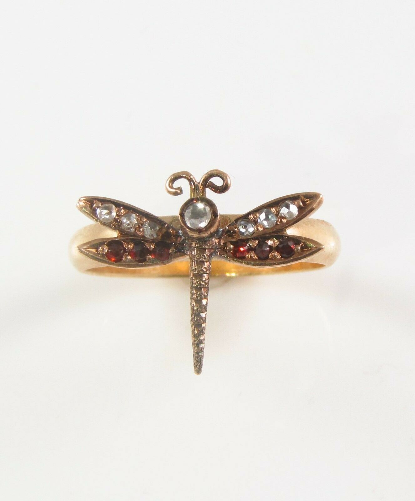10k Gold Victorian Dragonfly Diamond & Garnet Insect Conversion Ring Size 6.25