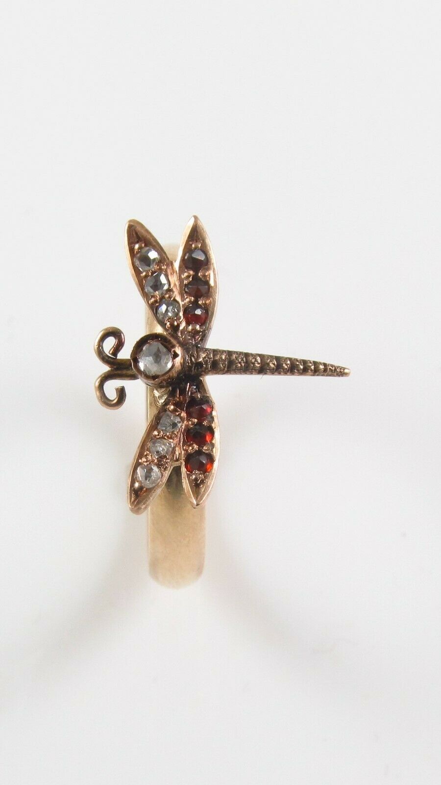 10k Gold Victorian Dragonfly Diamond & Garnet Insect Conversion Ring Size 6.25