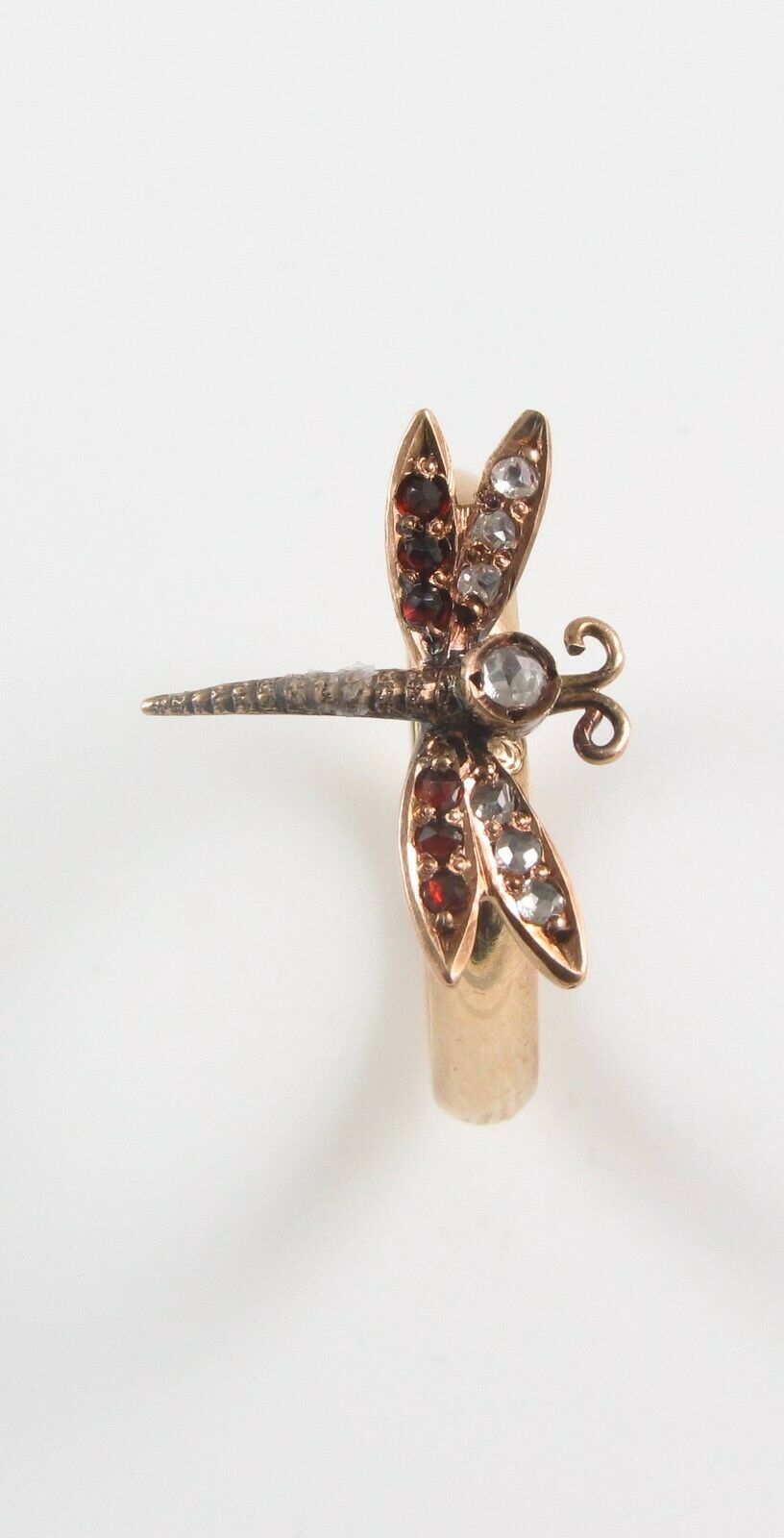 10k Gold Victorian Dragonfly Diamond & Garnet Insect Conversion Ring Size 6.25