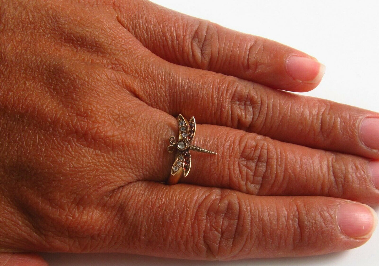 10k Gold Victorian Dragonfly Diamond & Garnet Insect Conversion Ring Size 6.25