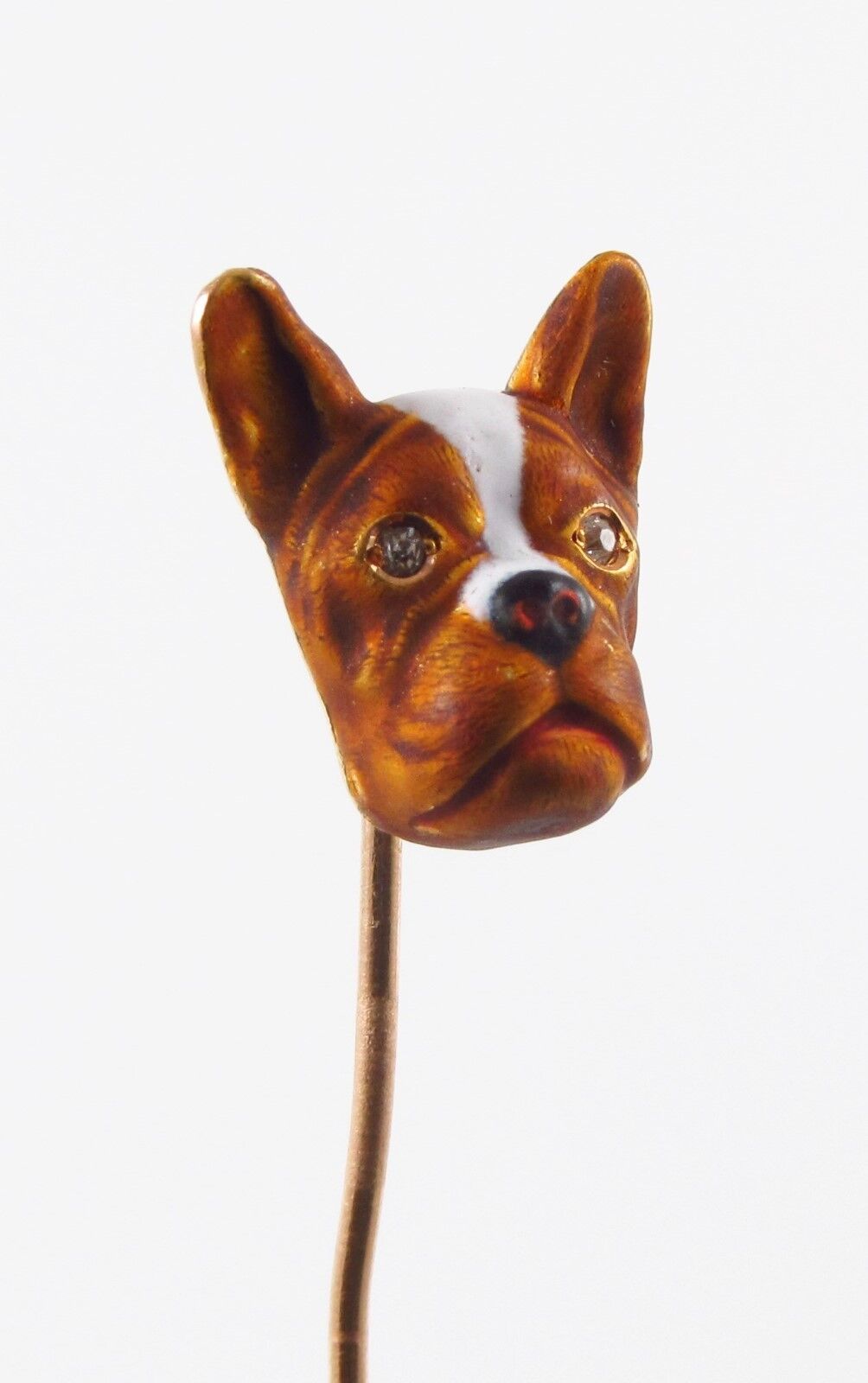 14k Gold Art Nouveau Alling & Co Enamel French Bull Dog Diamond Eyed Stick Pin