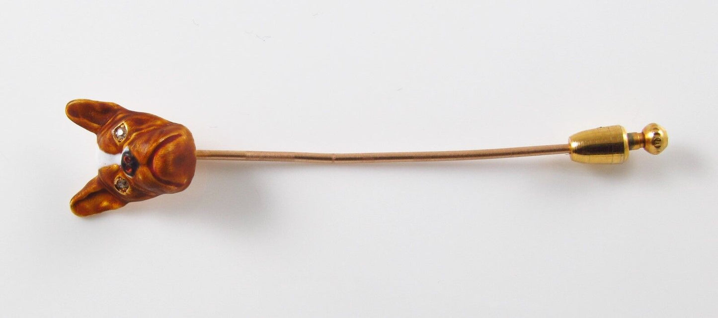 14k Gold Art Nouveau Alling & Co Enamel French Bull Dog Diamond Eyed Stick Pin