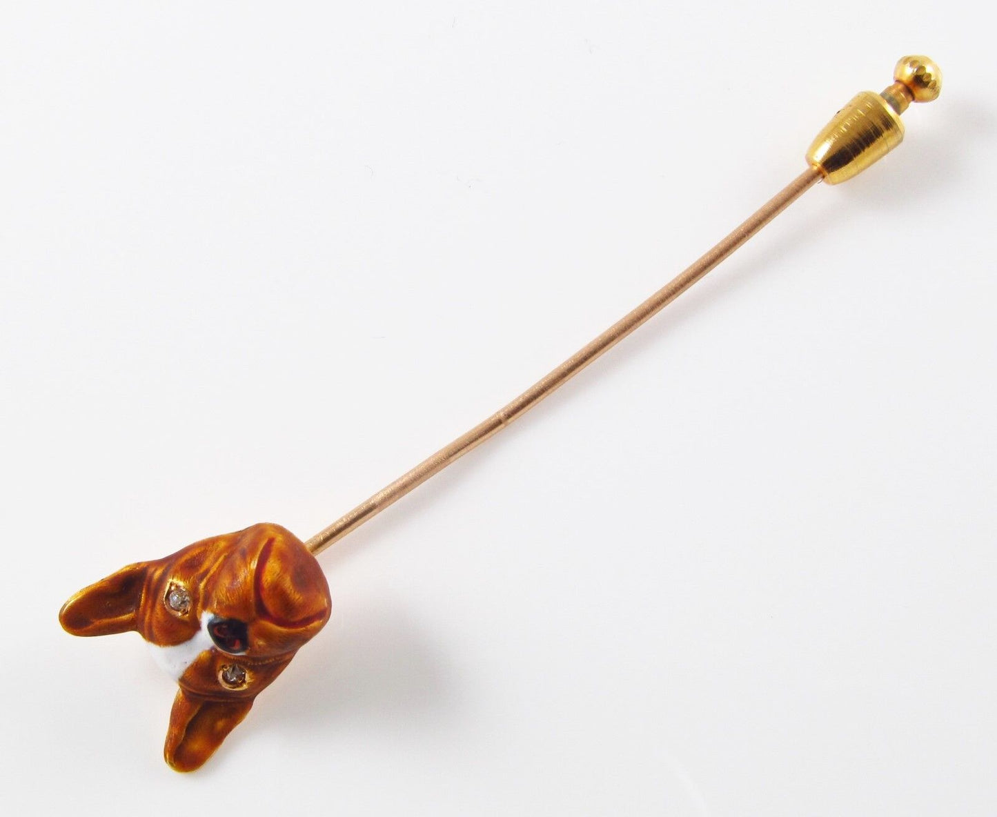 14k Gold Art Nouveau Alling & Co Enamel French Bull Dog Diamond Eyed Stick Pin