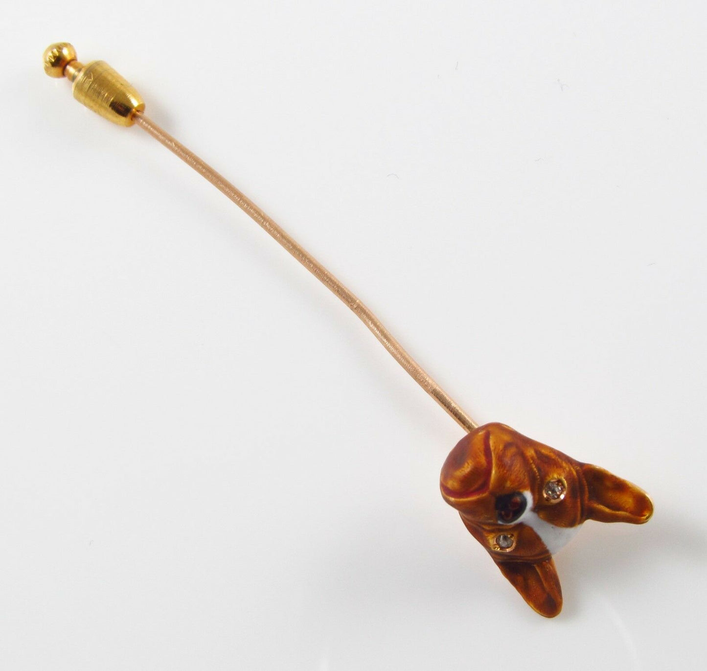 14k Gold Art Nouveau Alling & Co Enamel French Bull Dog Diamond Eyed Stick Pin
