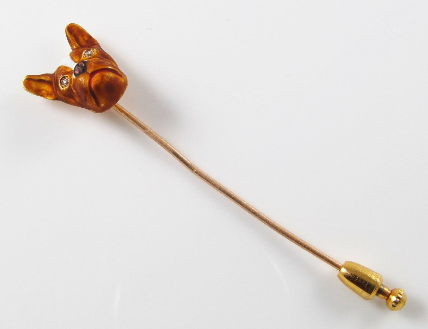 14k Gold Art Nouveau Alling & Co Enamel French Bull Dog Diamond Eyed Stick Pin