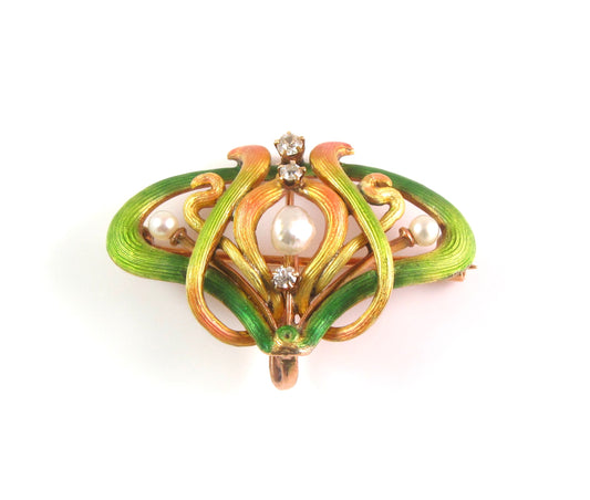 14k Art Nouveau Alling & Company Enamel Diamond & Pearl Watch Pin Broocch