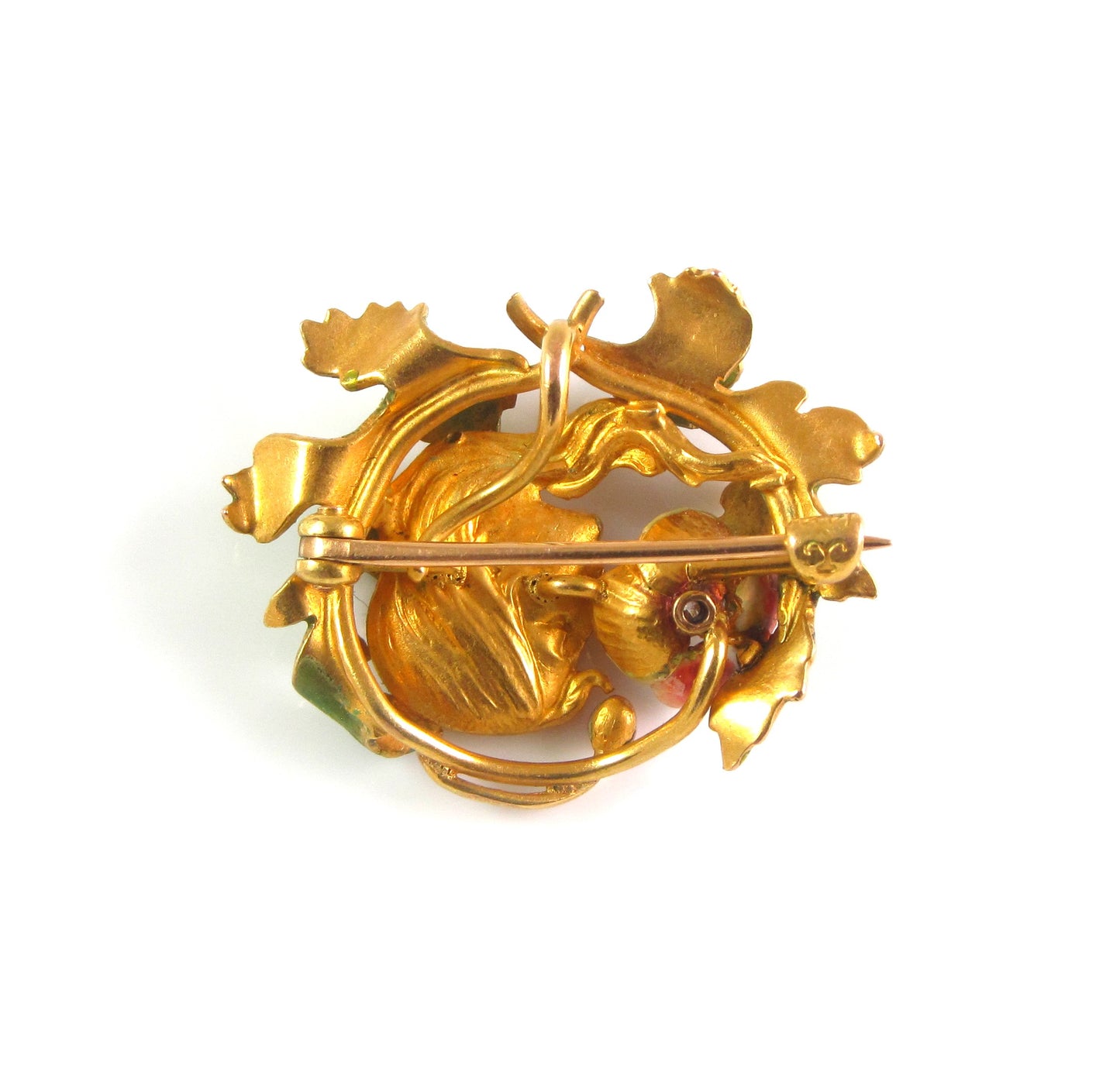 Antique 14K Gold Art Nouveau Krementz & Company Enamel & Diamond Lady Brooch Watch Pin