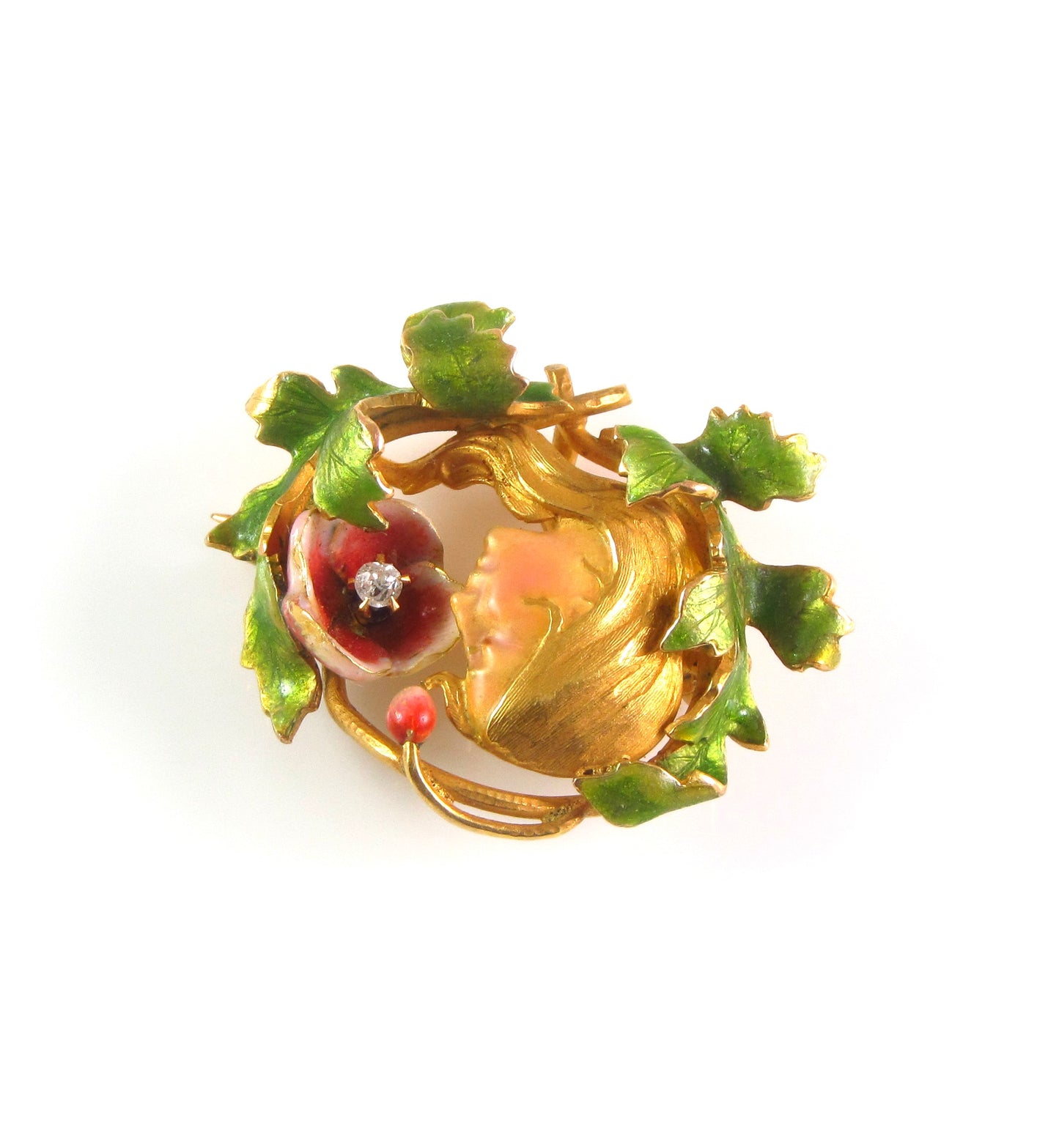 Antique 14K Gold Art Nouveau Krementz & Company Enamel & Diamond Lady Brooch Watch Pin