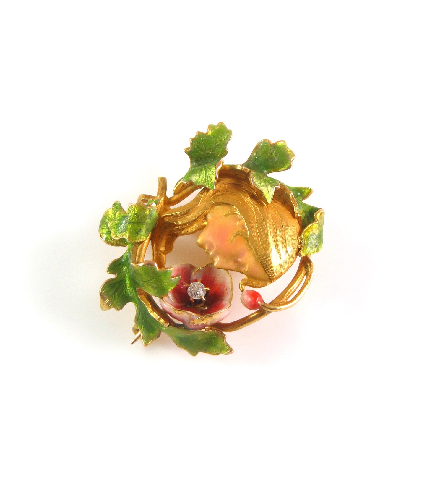 Antique 14K Gold Art Nouveau Krementz & Company Enamel & Diamond Lady Brooch Watch Pin