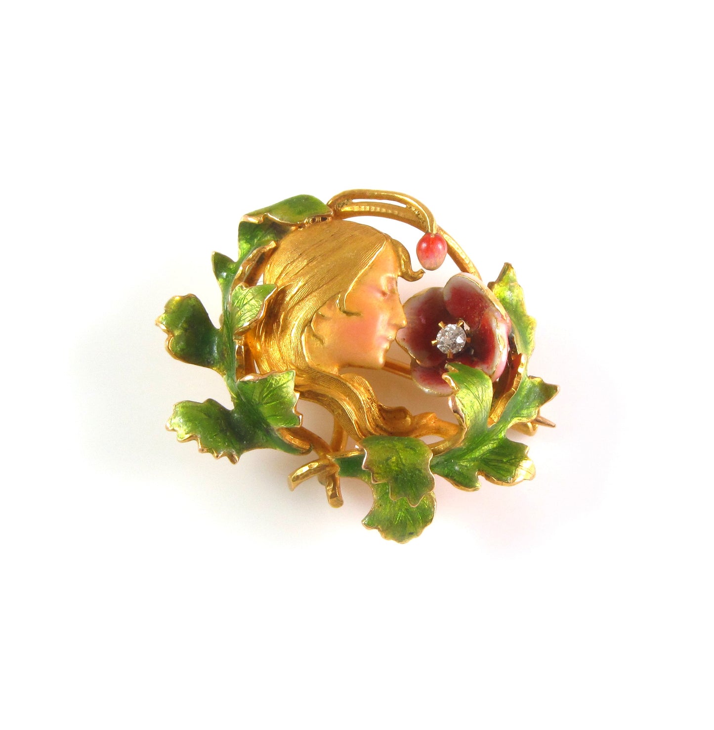 Antique 14K Gold Art Nouveau Krementz & Company Enamel & Diamond Lady Brooch Watch Pin