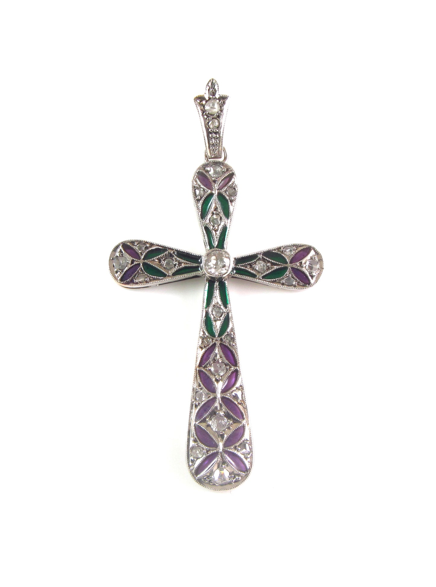 Antique 14K Gold Art Deco Plique A Jour Enamel Diamond Religious Cross Pendant