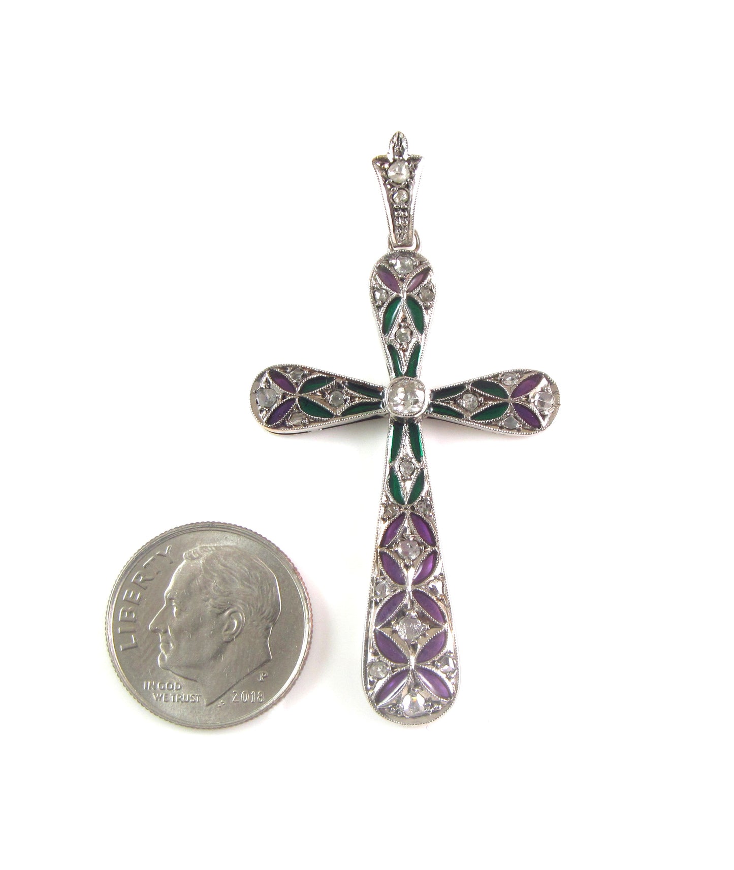 Antique 14K Gold Art Deco Plique A Jour Enamel Diamond Religious Cross Pendant
