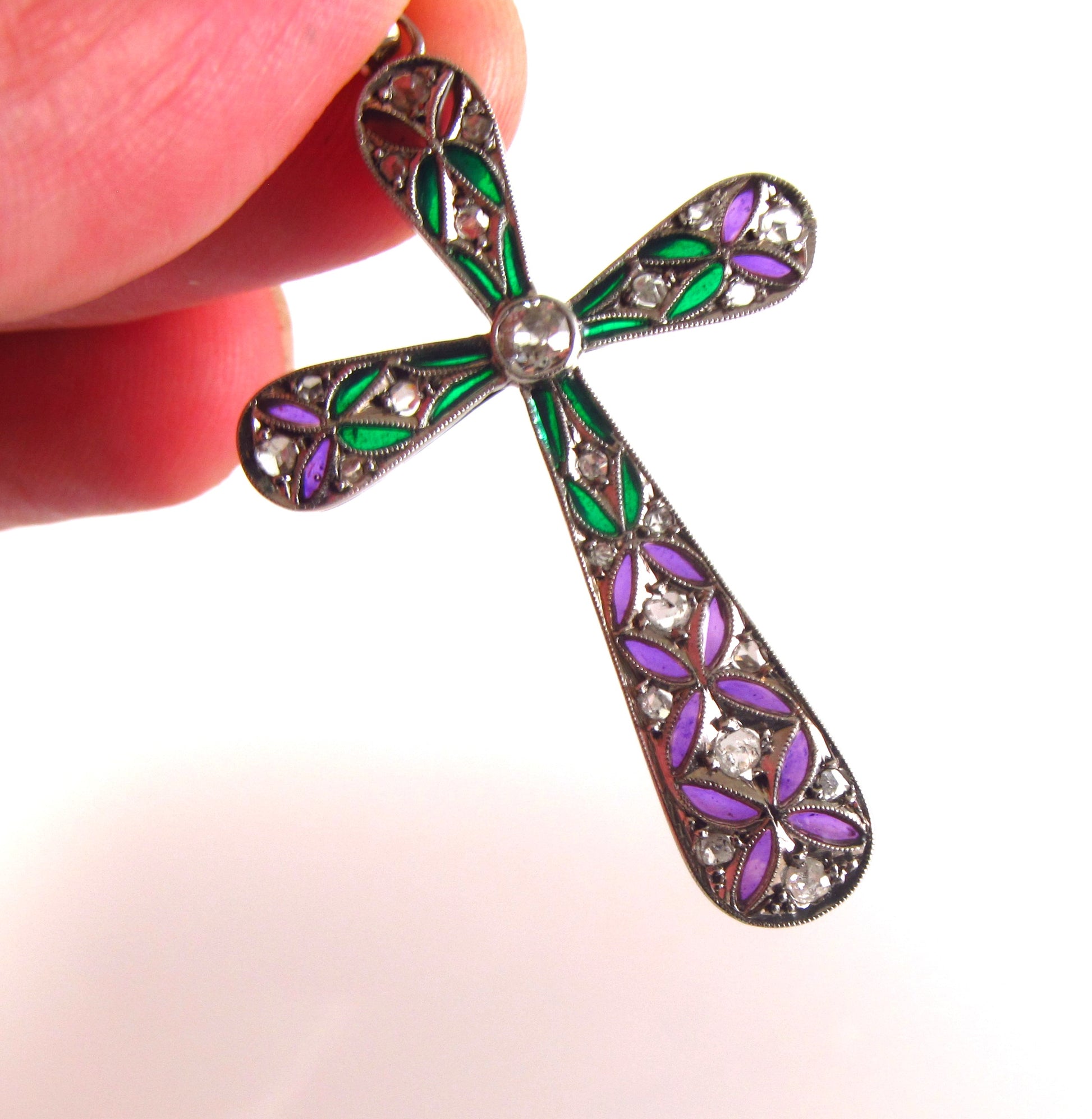 Antique 14k White Gold Art Deco Plique A Jour Enamel  Diamond Religious Cross Pendant