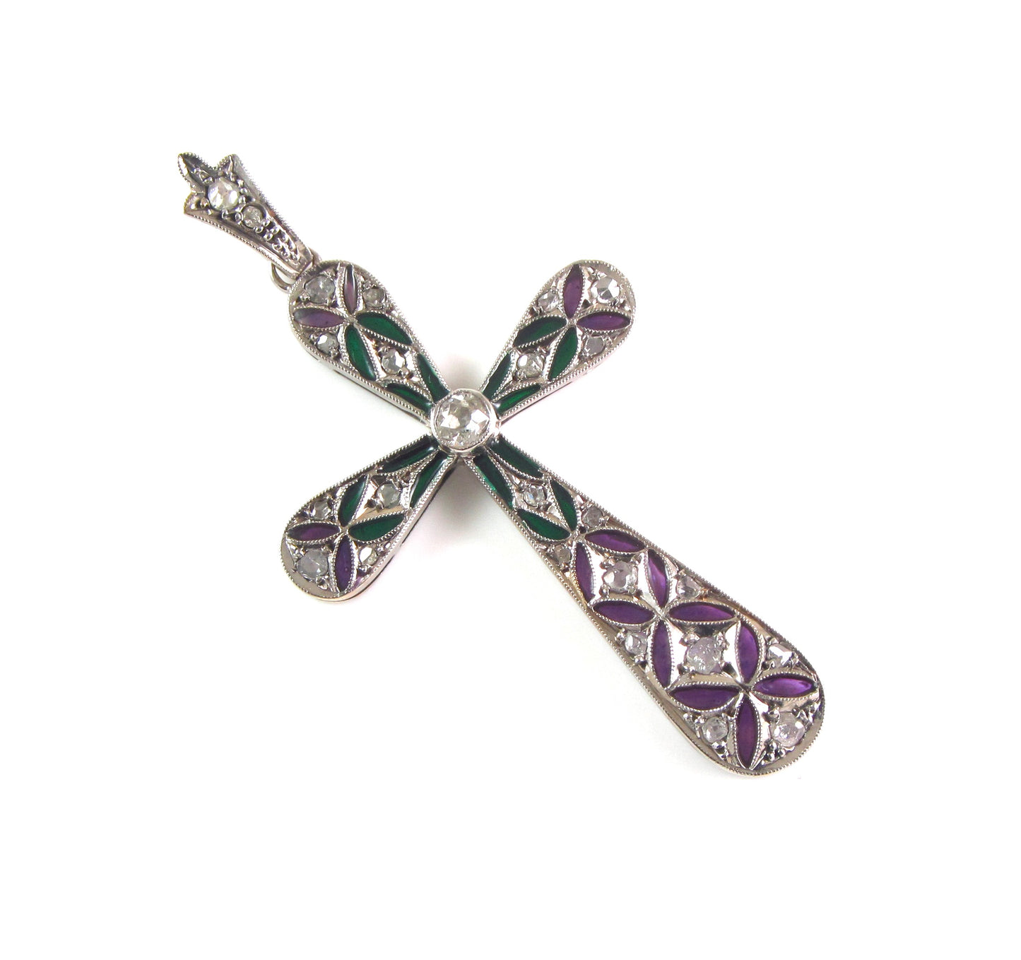 Antique 14K Gold Art Deco Plique A Jour Enamel Diamond Religious Cross Pendant