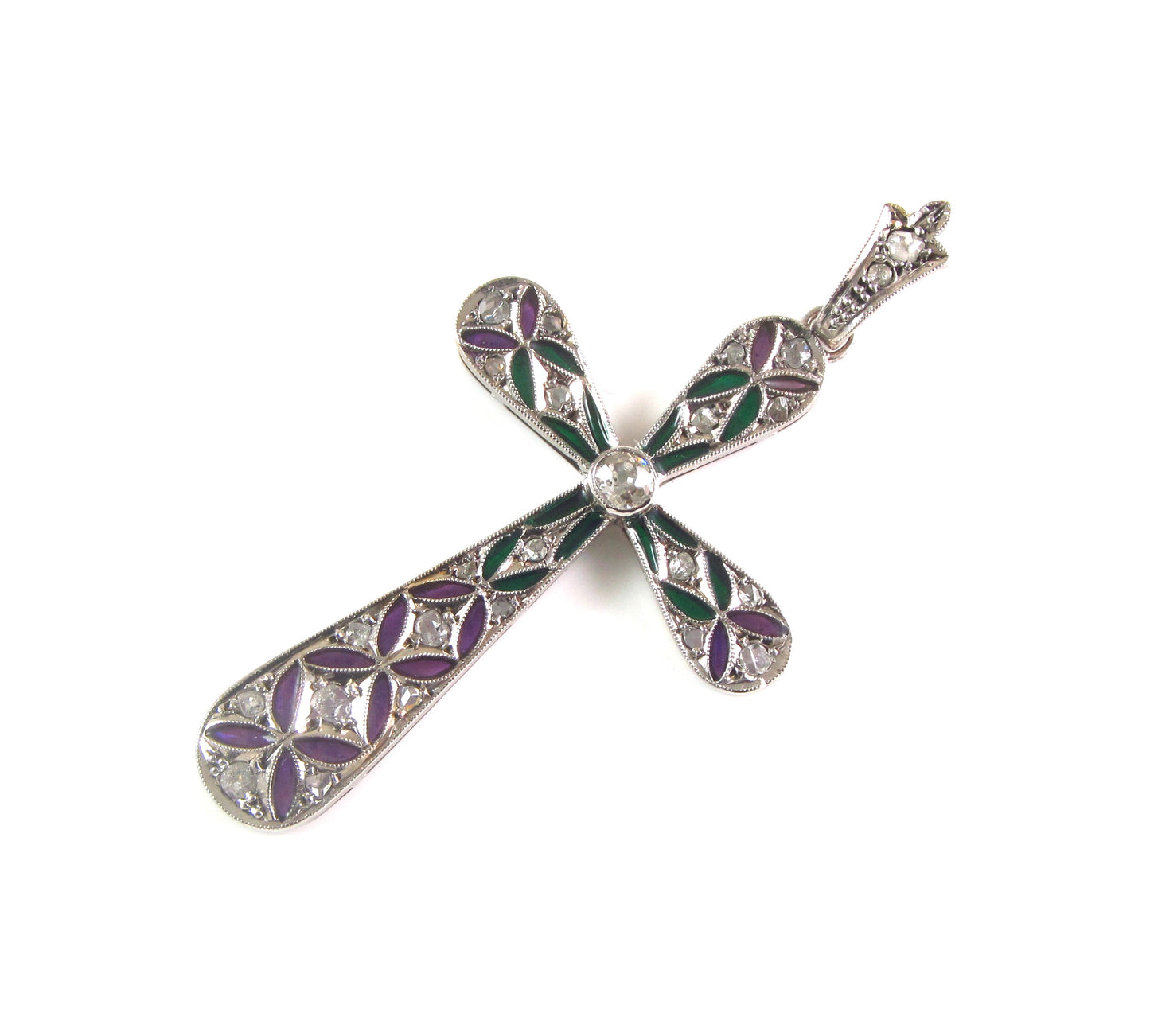 Antique 14K Gold Art Deco Plique A Jour Enamel Diamond Religious Cross Pendant