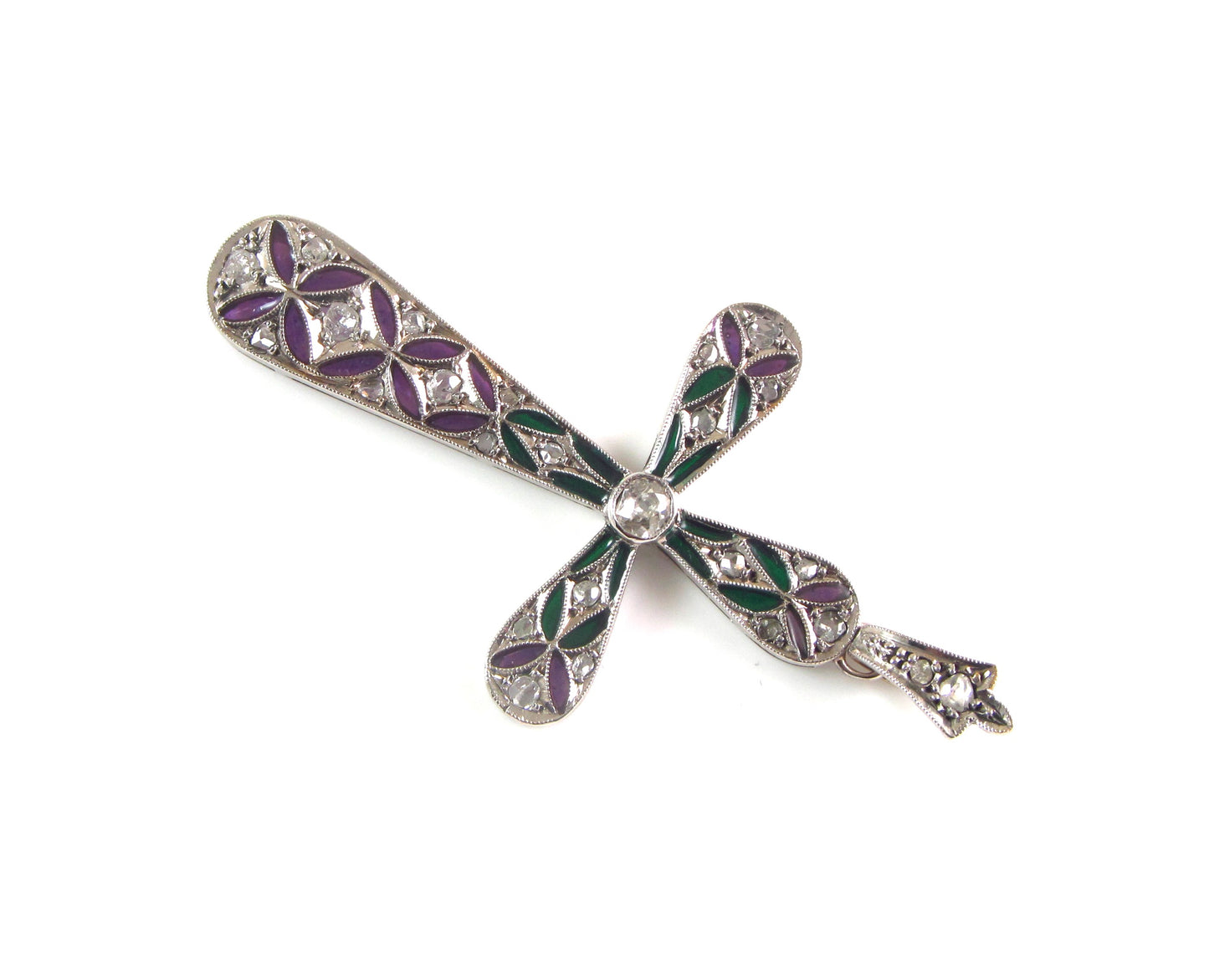 Antique 14K Gold Art Deco Plique A Jour Enamel Diamond Religious Cross Pendant