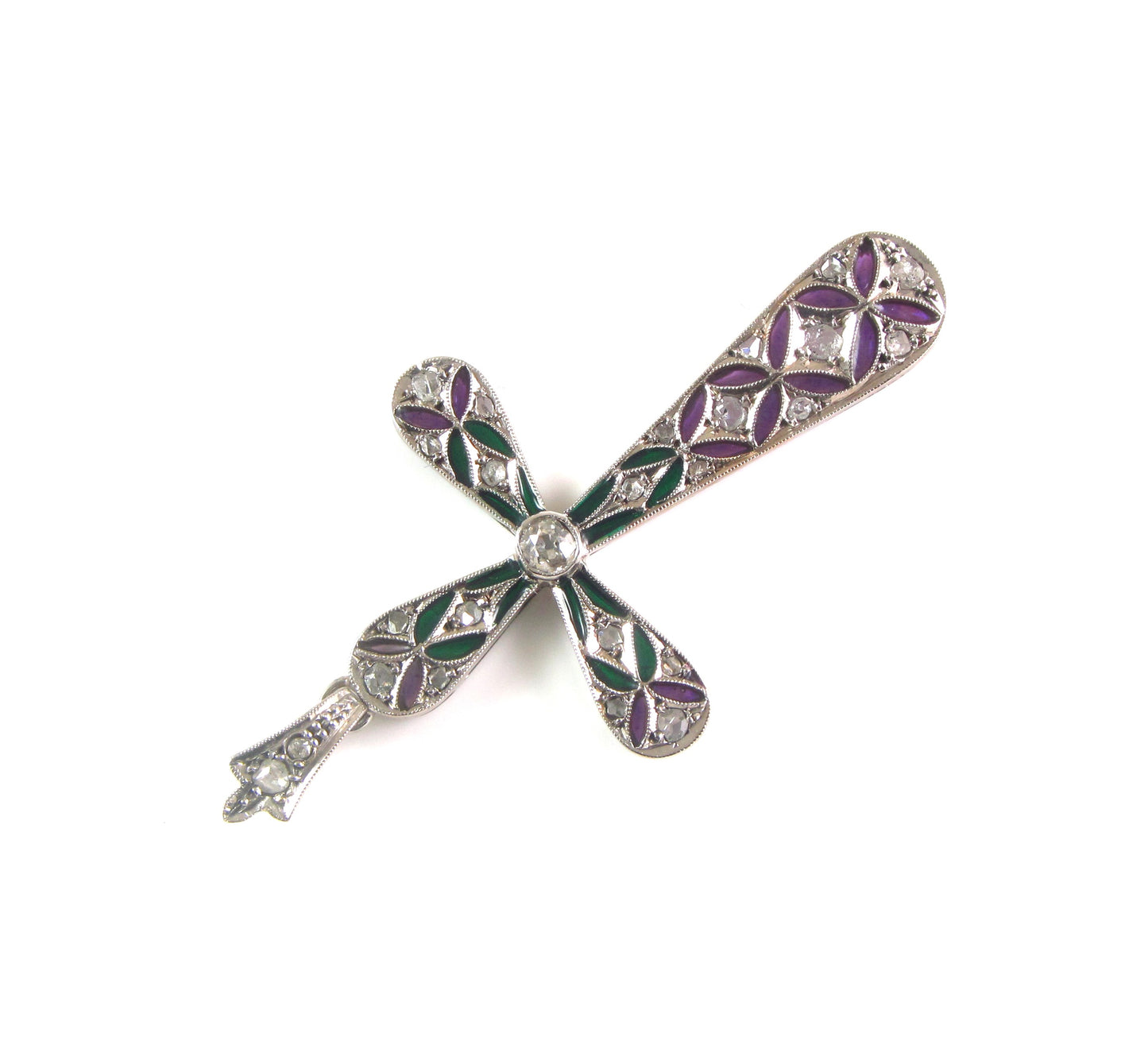 Antique 14K Gold Art Deco Plique A Jour Enamel Diamond Religious Cross Pendant