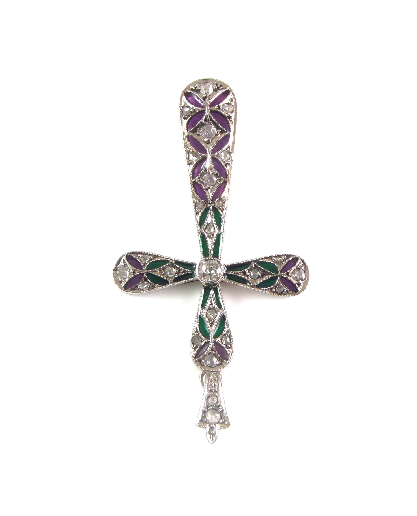 Antique 14K Gold Art Deco Plique A Jour Enamel Diamond Religious Cross Pendant