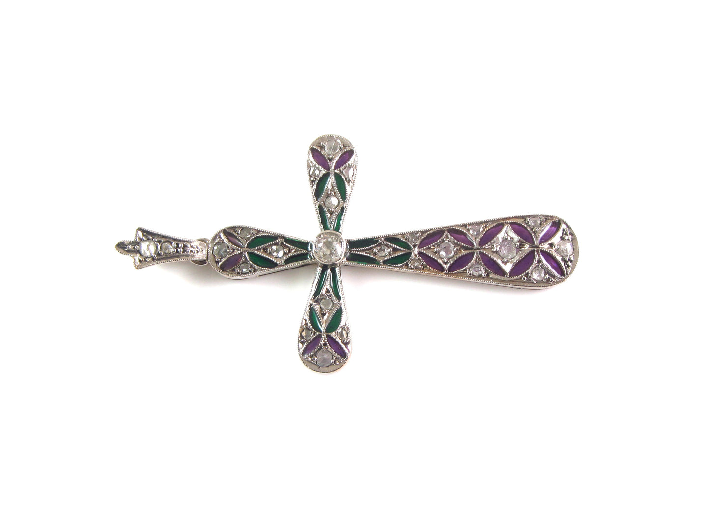 Antique 14K Gold Art Deco Plique A Jour Enamel Diamond Religious Cross Pendant