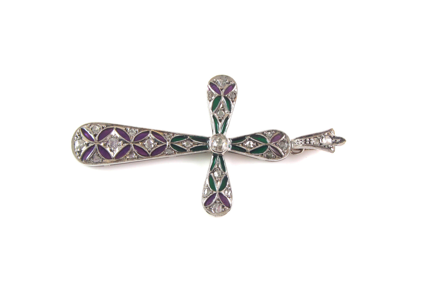 Antique 14K Gold Art Deco Plique A Jour Enamel Diamond Religious Cross Pendant