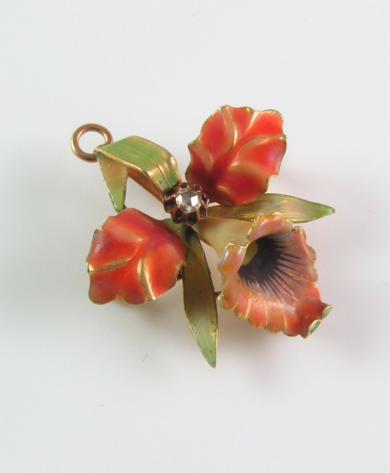 antique 14k gold Art Nouveau enamel orchid flower brooch