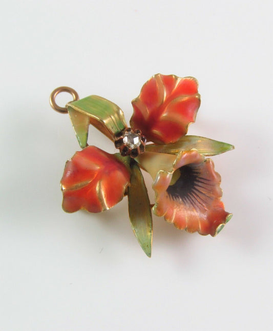 antique 14k gold Art Nouveau enamel orchid flower brooch