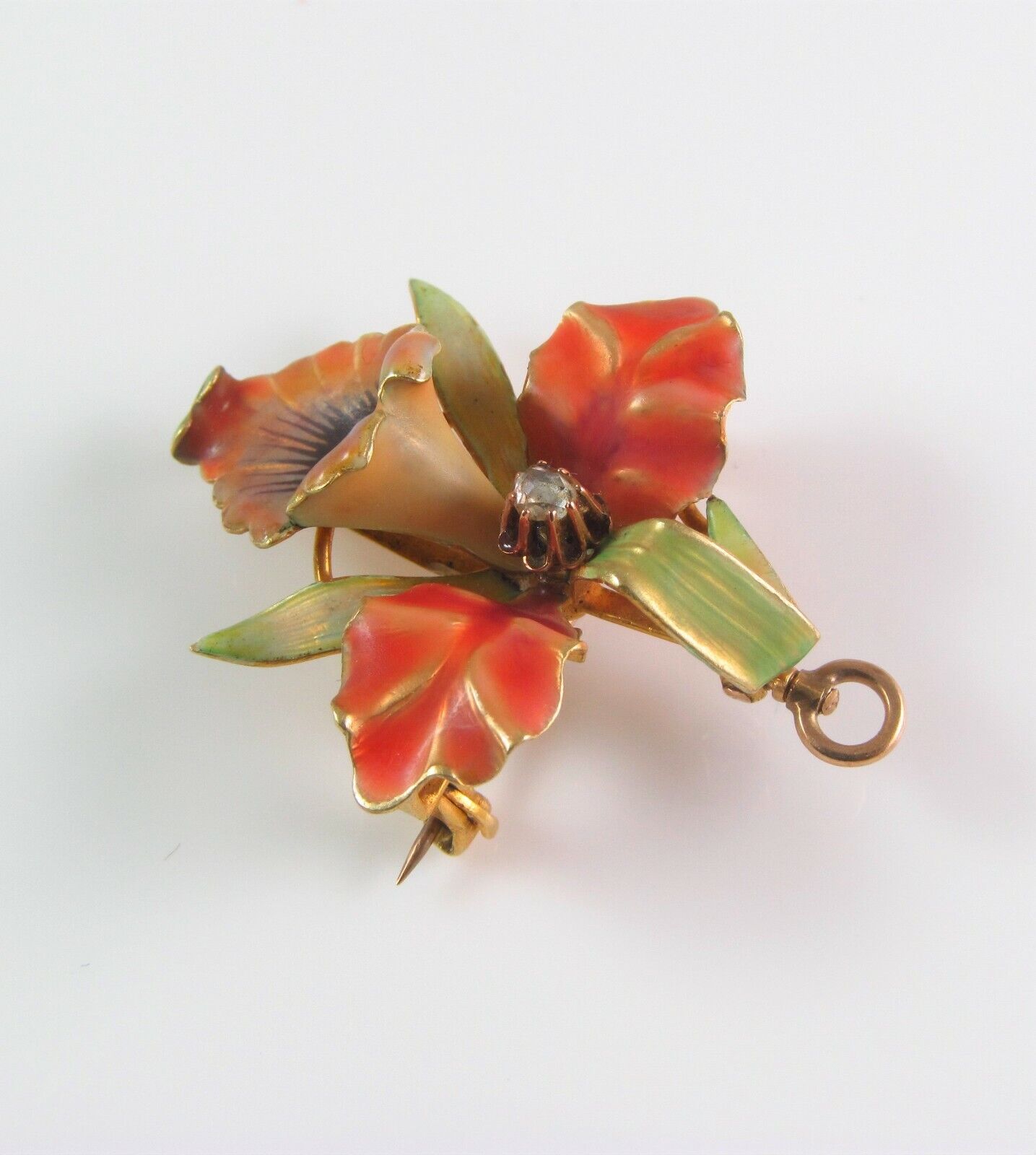 14k Gold Art Nouveau Enamel Orchid Flower Diamond Brooch Watch Pin Pendant