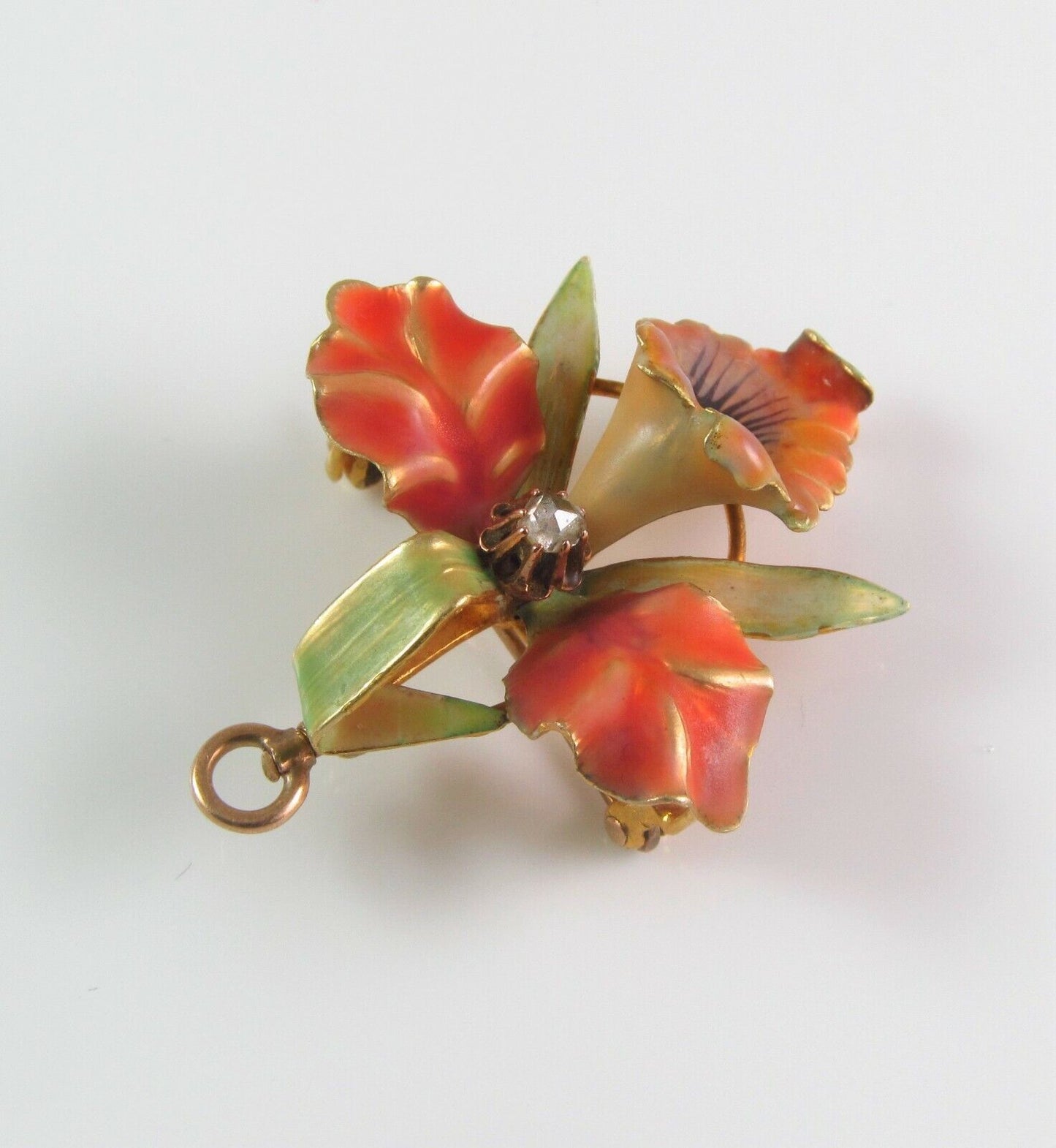 14k Gold Art Nouveau Enamel Orchid Flower Diamond Brooch Watch Pin Pendant