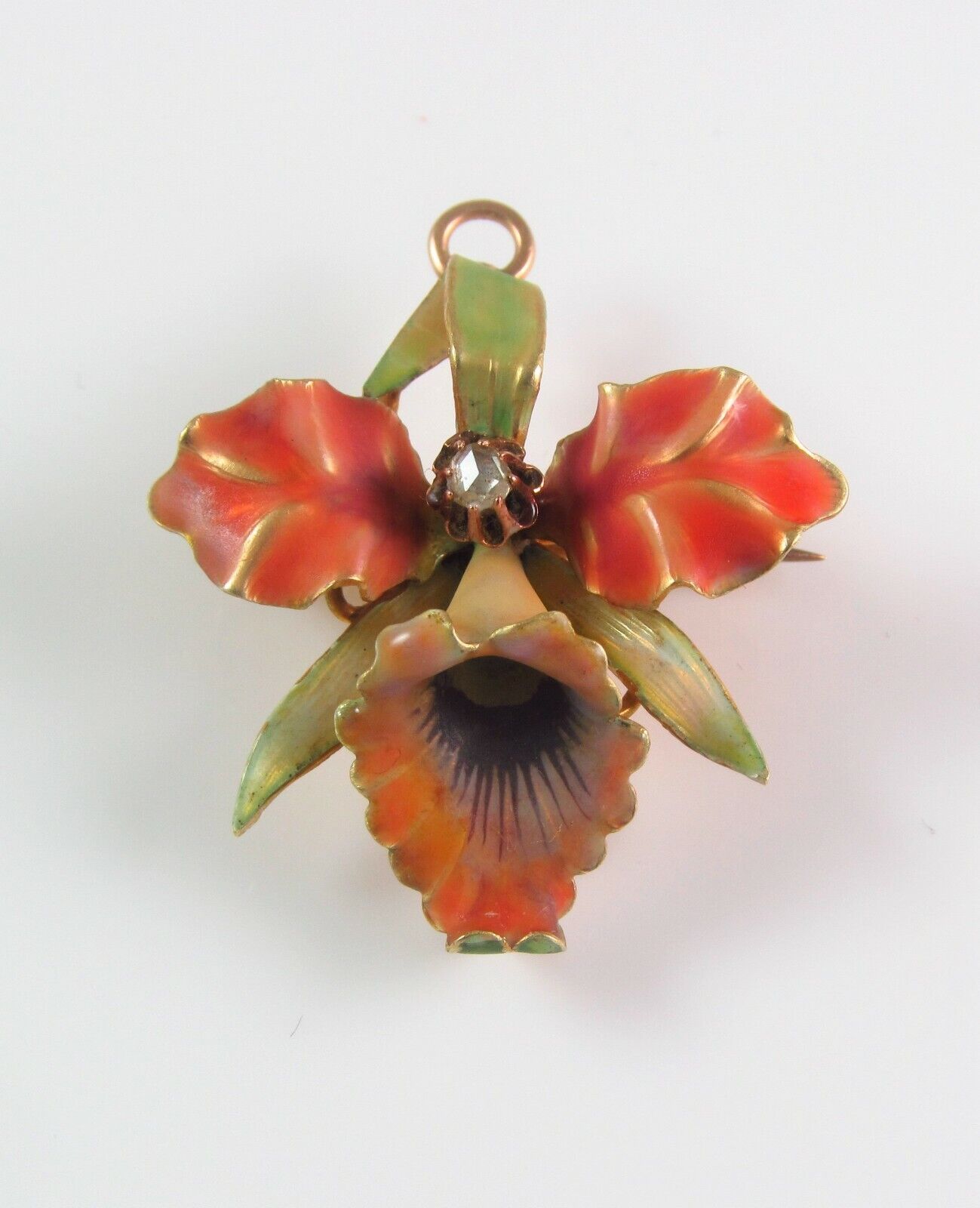 14k Gold Art Nouveau Enamel Orchid Flower Diamond Brooch Watch Pin Pendant