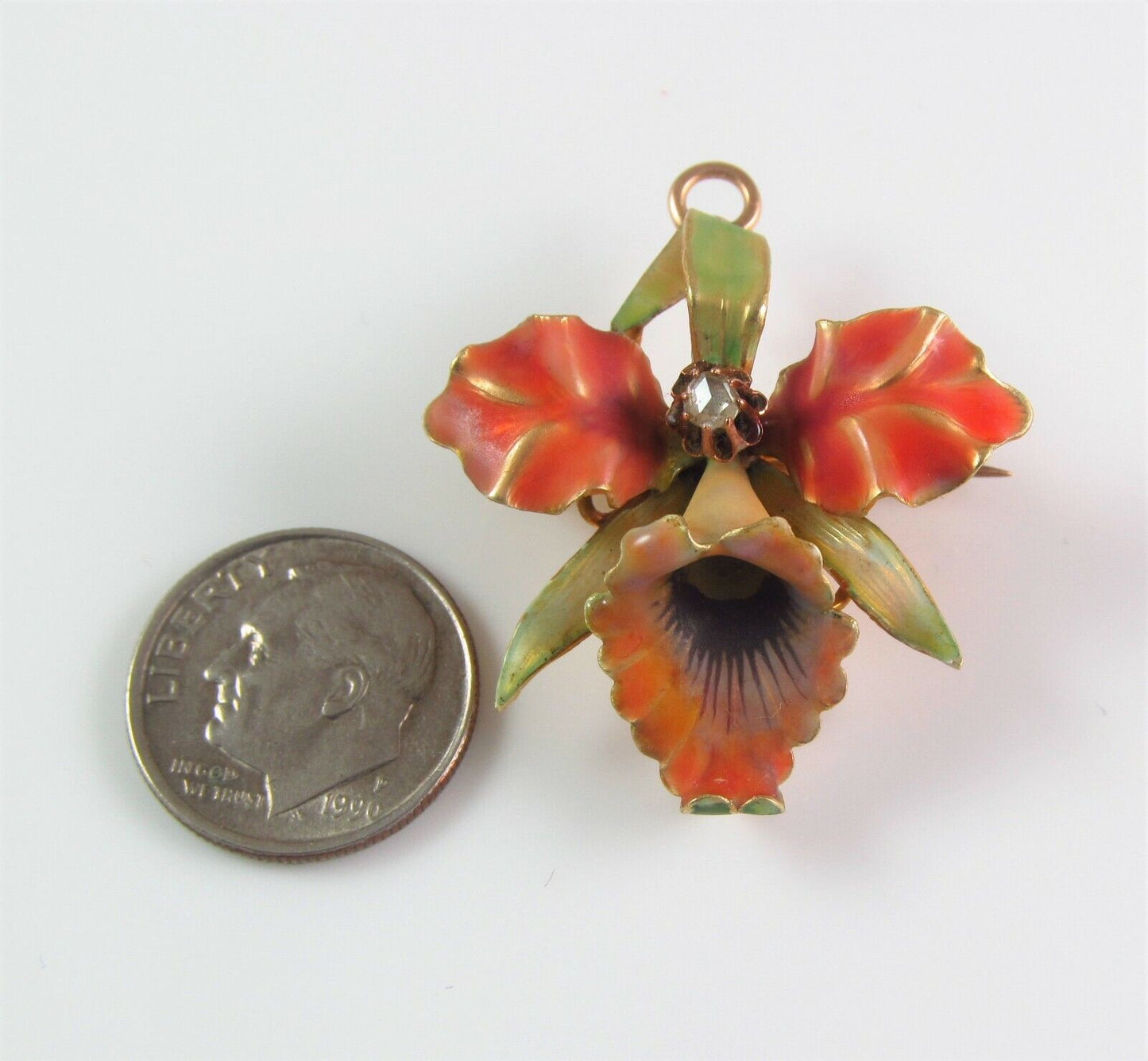 14k Gold Art Nouveau Enamel Orchid Flower Diamond Brooch Watch Pin Pendant