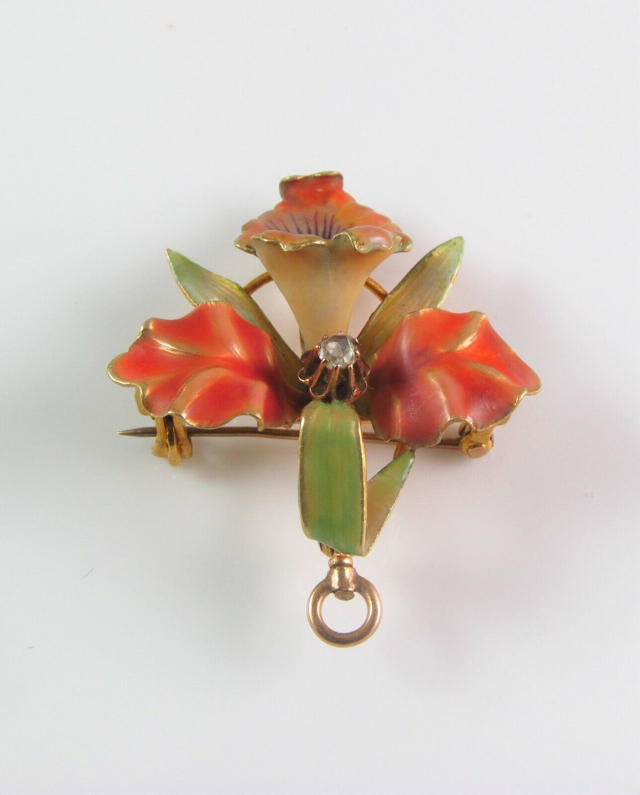 14k Gold Art Nouveau Enamel Orchid Flower Diamond Brooch Watch Pin Pendant