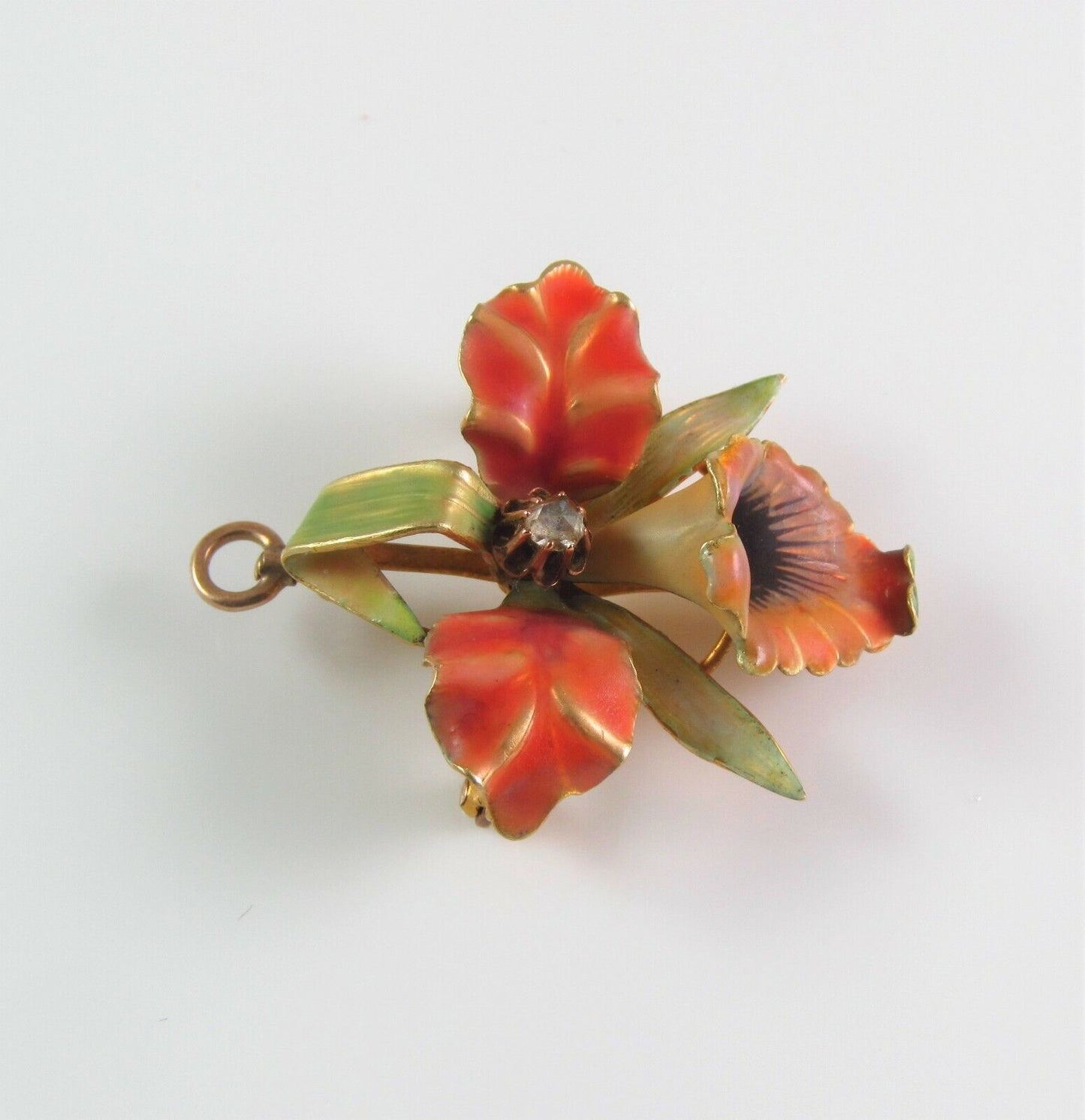 14k Gold Art Nouveau Enamel Orchid Flower Diamond Brooch Watch Pin Pendant