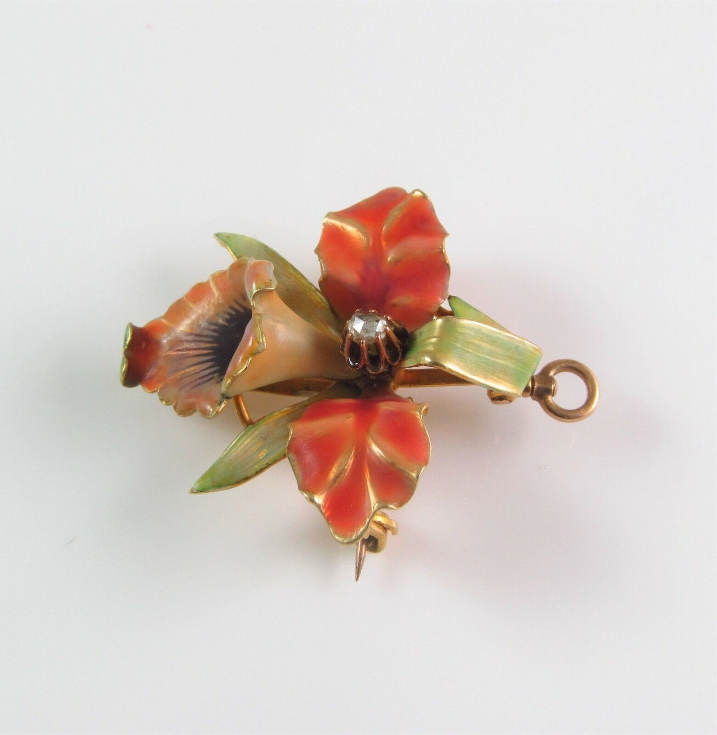 14k Gold Art Nouveau Enamel Orchid Flower Diamond Brooch Watch Pin Pendant