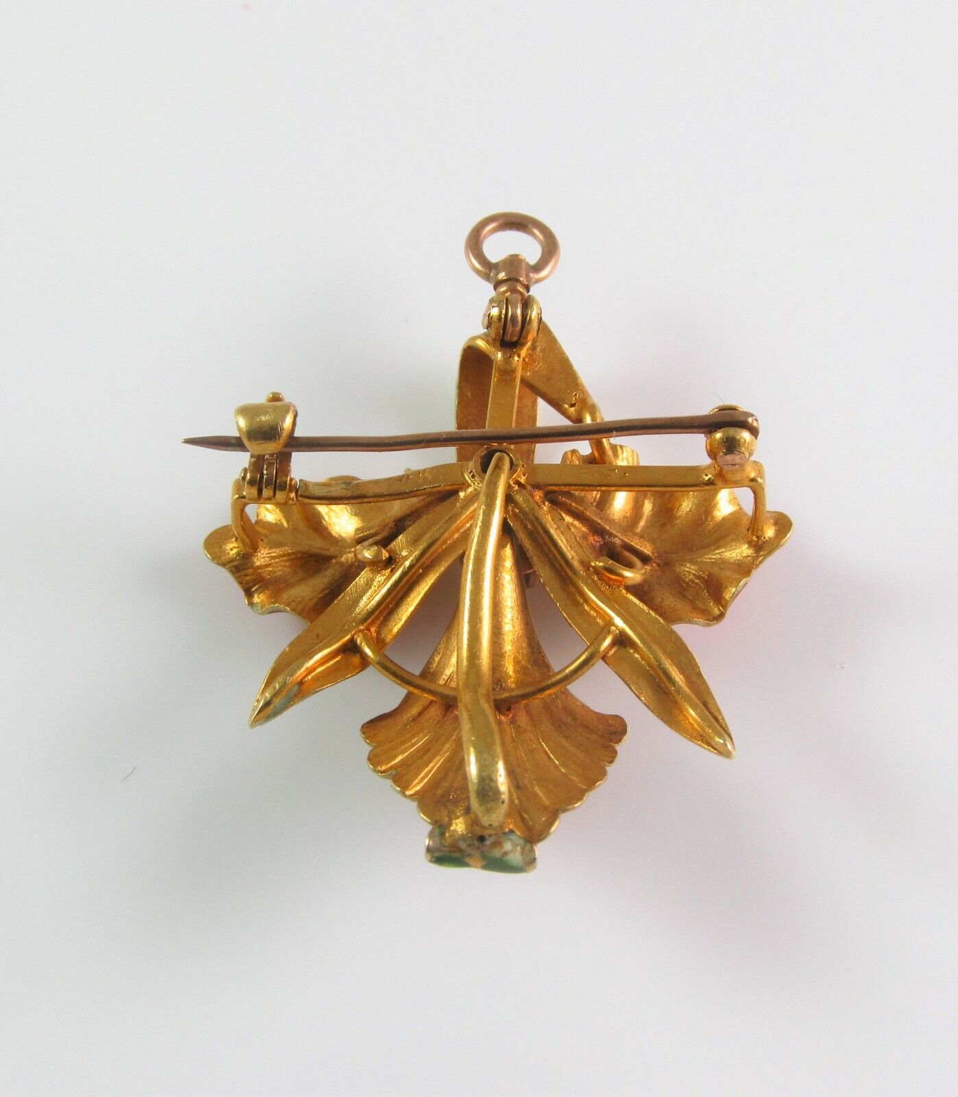 14k Gold Art Nouveau Enamel Orchid Flower Diamond Brooch Watch Pin Pendant