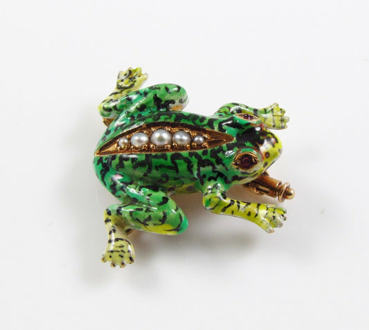 14K Gold Vintage Enamel & Pearl Body Frog Brooch Pin With Ruby Eyes