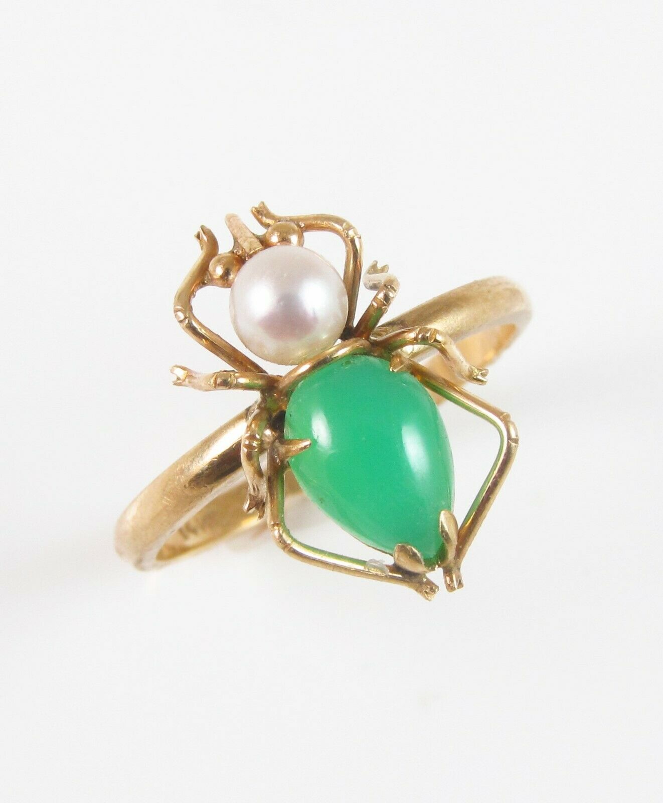 14k Gold Vintage Jade Jadeite & Pearl Spider Insect Conversion Ring Size 6.5