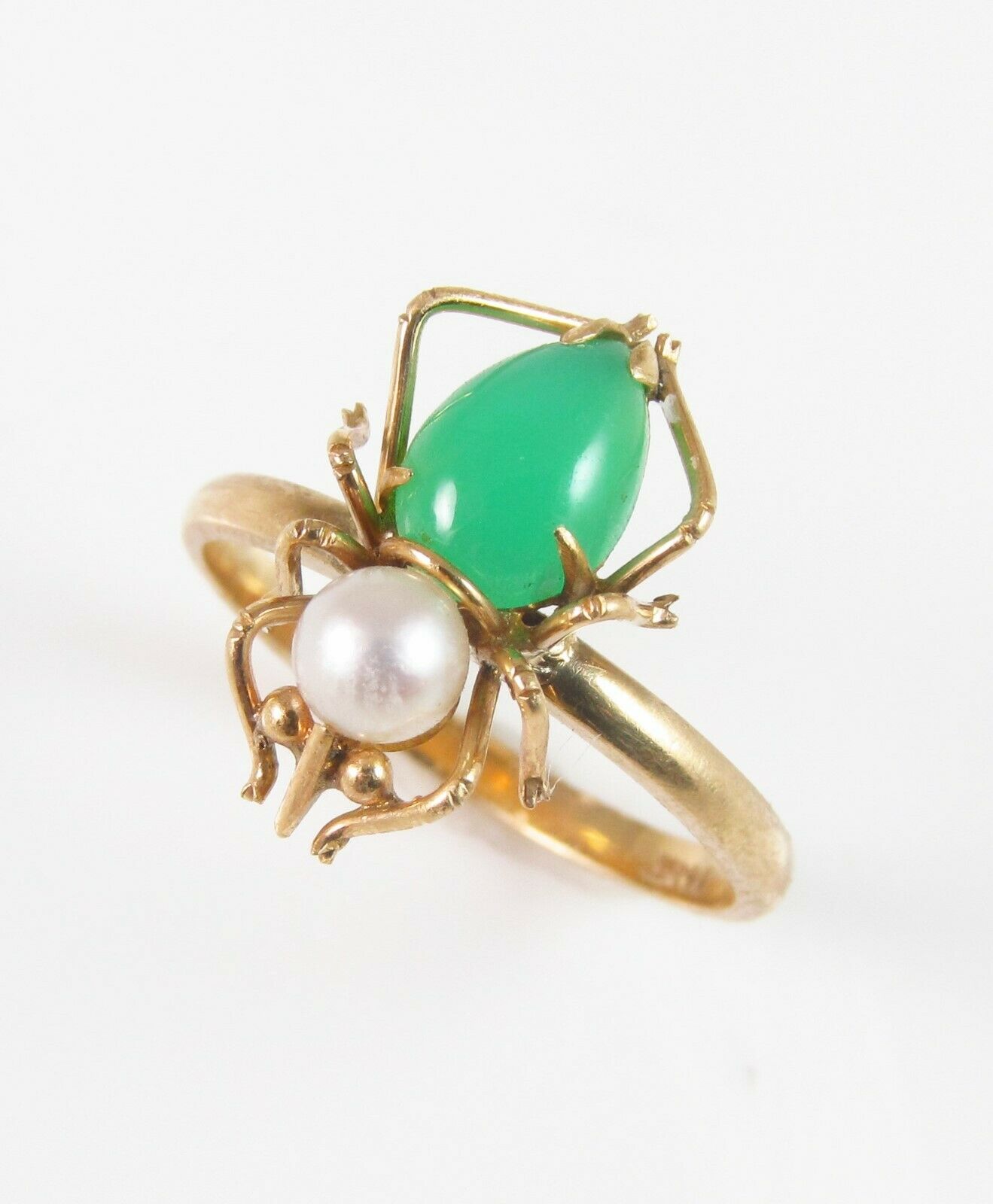14k Gold Vintage Jade Jadeite & Pearl Spider Insect Conversion Ring Size 6.5
