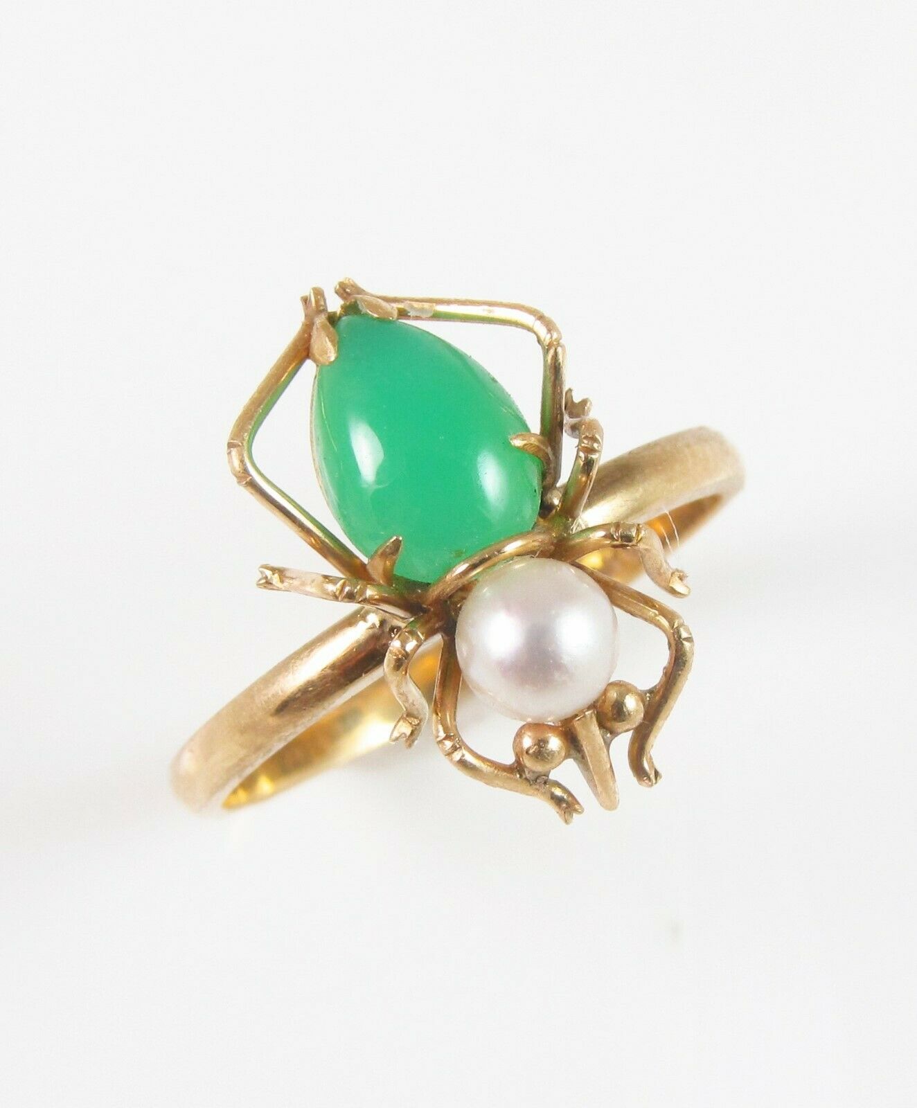 14k Gold Vintage Jade Jadeite & Pearl Spider Insect Conversion Ring Size 6.5