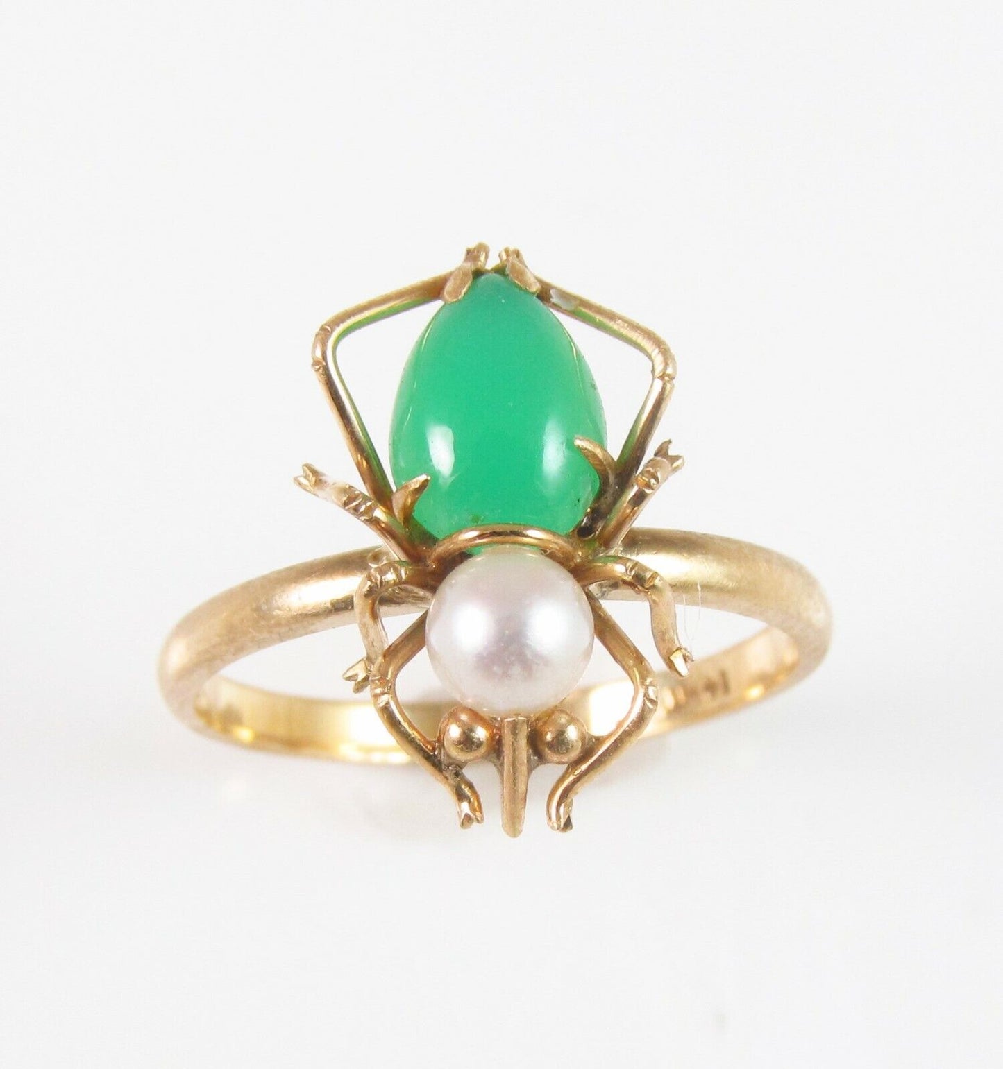 14k Gold Vintage Jade Jadeite & Pearl Spider Insect Conversion Ring Size 6.5