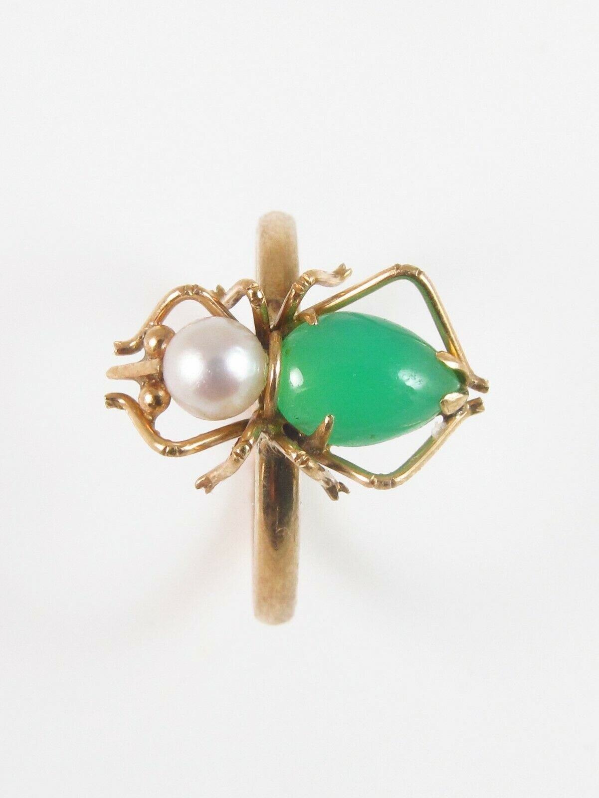 14k Gold Vintage Jade Jadeite & Pearl Spider Insect Conversion Ring Size 6.5