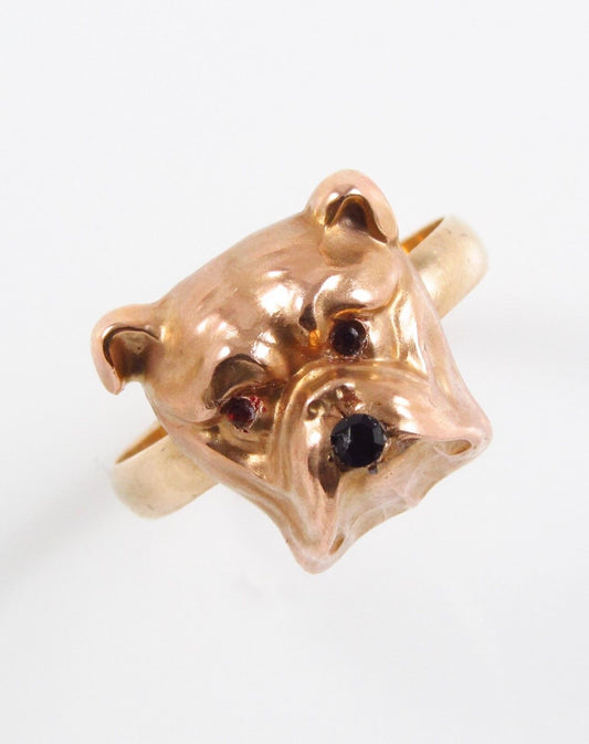 14k Gold Victorian Art Nouveau Bulldog Ruby Eyed Conversion Ring Size 8.75