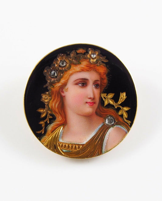 Antique 14k Art Nouveau Swiss enamel rose cut diamond Goddess brooch